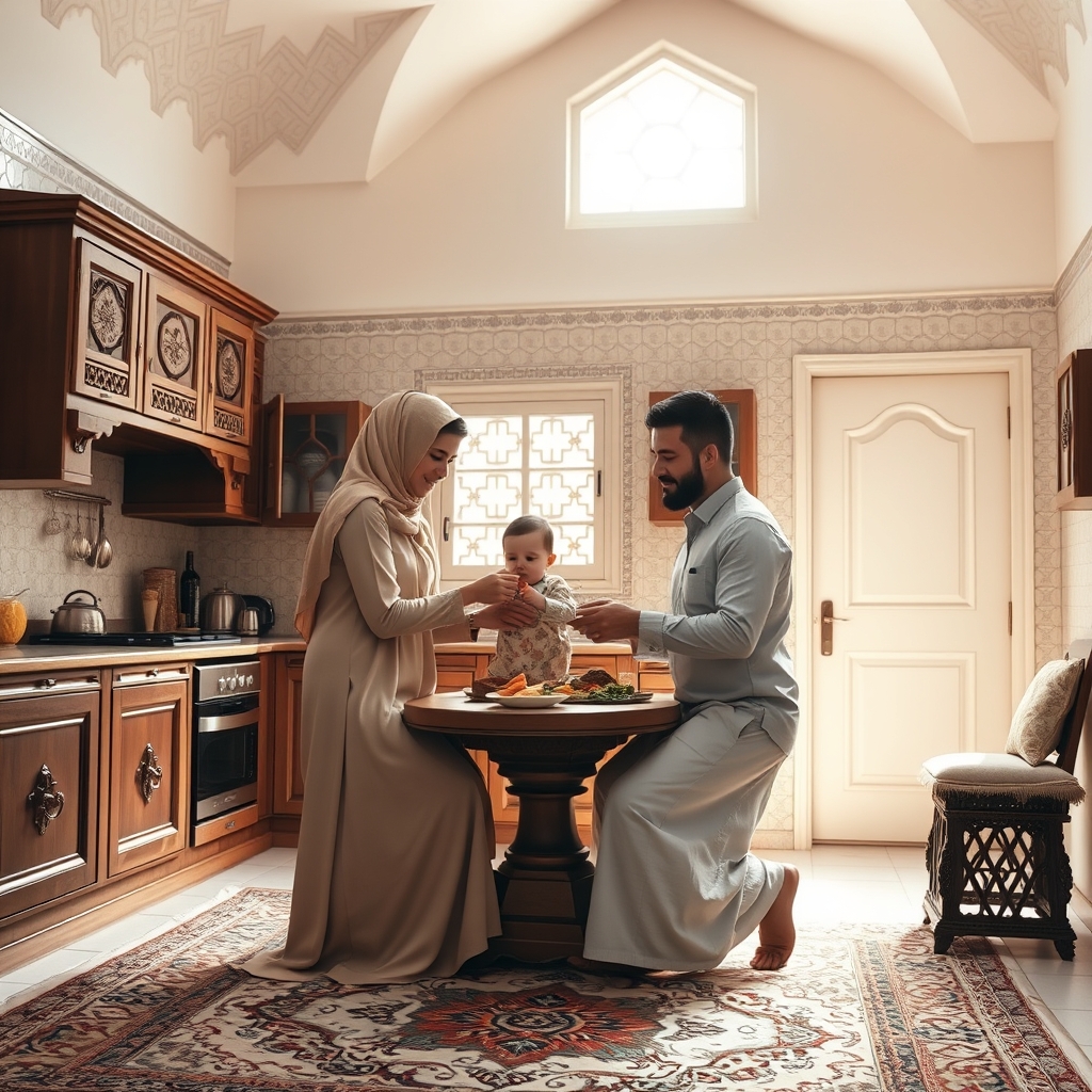 مادر و پدر هنگام غذا دادن به بچه توی آشپز خونه با معماری ایرانی سنتی و جذاب با تم رنگی روشن.22