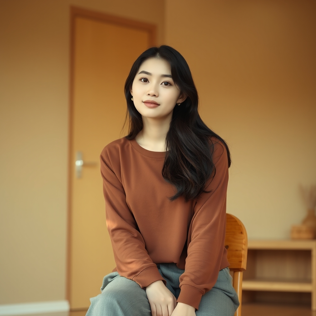 یک دختر نوجوان در یک اتاق در یک اتاق تقریباً قهوهای رنگ روی یک صندلی نشسته باشد لباسشم قهوهای باشد0