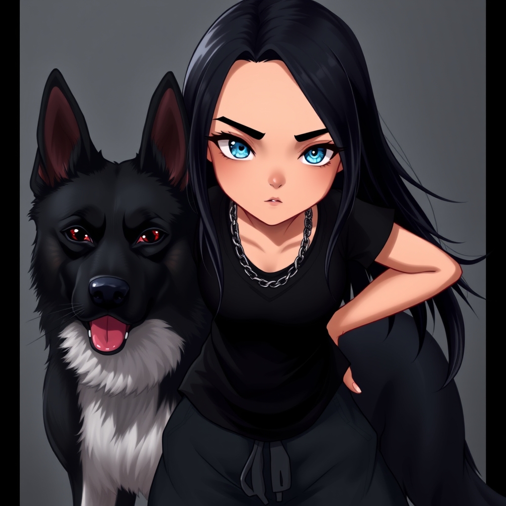 دختری بسیار زیبا با موهای مشکی بلند و ظاهر بسیار جدی با تیشرت مشکی و شلوار مشکی بگ و چشمان آبی درخشان و دختری بسیار خفنن با گردنبند زنجیر
و سگ مشکی بزرگ کنارش14