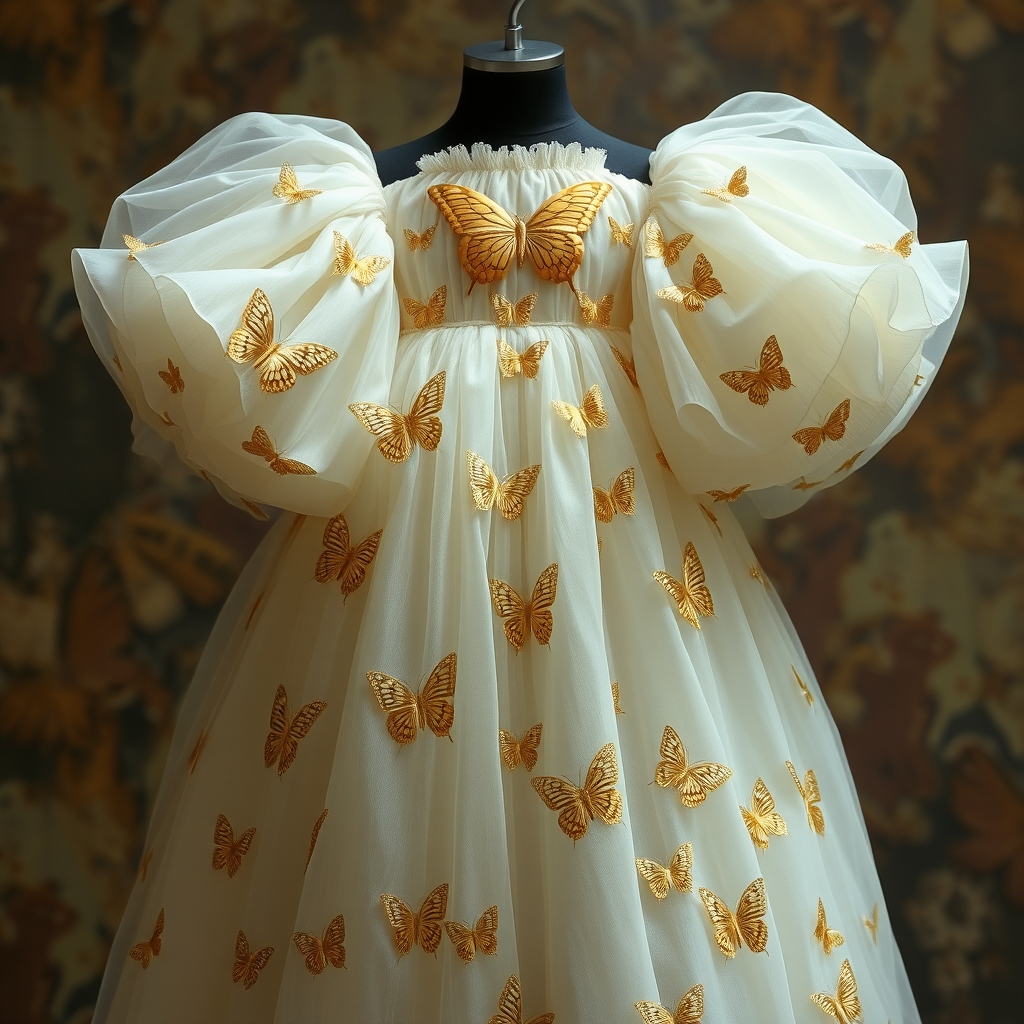 زیباترین لباس پفی آستین پفی توری کرمی اکلیری که بر رویش پروانههای طلایی حکاکی شده باشد در جهان حتی در رویایی که شکوه خدا را داشته باشه که نظیر آن در دنیا نباشد که همه از شدت زیبایی بهش سجده کنند
1