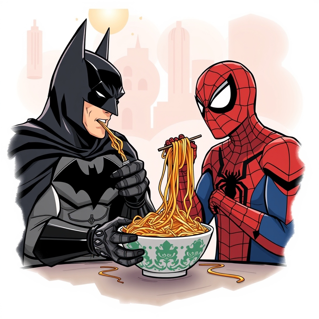 بتمن و اسپایدرمن درحال نودل چینی خوردن باهم دیگه2