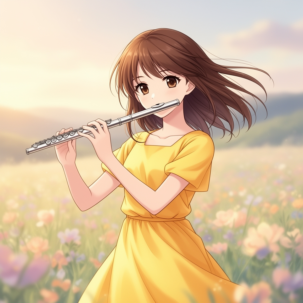 دختری با لباس زرد که دارد فلوت مینوازد موهای قهوه ای و پوست سفید
3