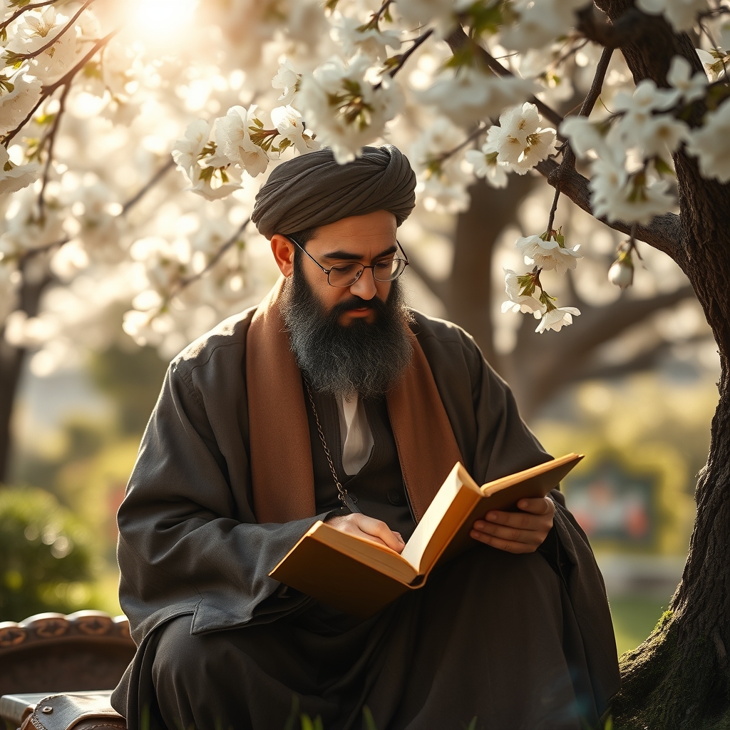 یک شاعر نشسته زیر درختی پرشکوفه، در حال نوشتن در دفترچه‌ای طلایی.0