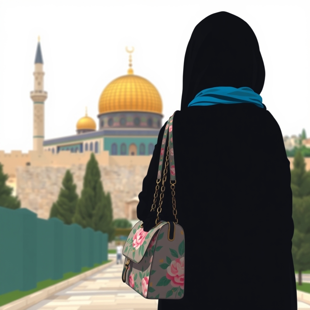دختری که پشت به دوربین ایستاده چادر مشکی و روسری ابی خیلی زیبایی بر سر دارد و کیف گل گلی قشنگی روی دوشش دارد و به سمت مسجدالاقصی حرکت میکند1
