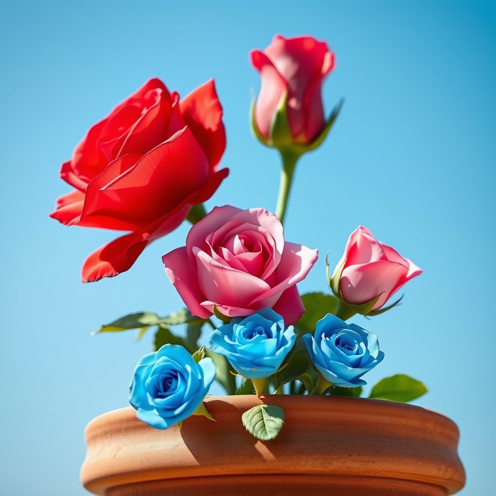 یک گل رز قرمز بزرگ یک رز صورتی و سه عدد رز کوچک آبی در یگ گلدان قهوه ای سفالی درخاک کاشته شده پشت صحنه آسمان آبی1