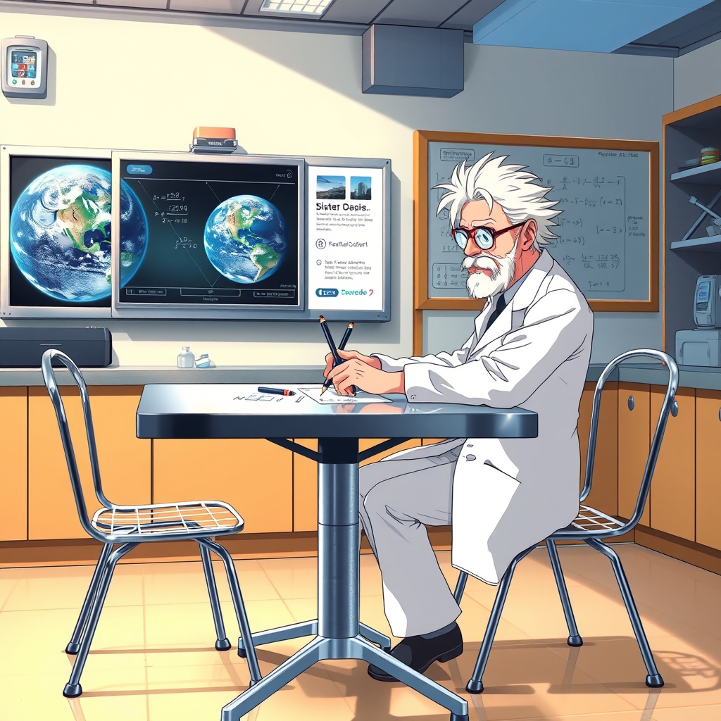 یه میز فلزی با دو صندلی فلزی در دو طرفش در آزمایشگاه
توصیف آزمایشگاه: وایب علمی ، تخته ای هوشمند به دیوار آزمایشگاه چسبیده و تصاویر کره زمین و معادلات ریاضی روی این تخته هستند
پروفسوری در صندلی سمت راست رو به روی میز نشسته است 
توصیف پروفسور: دارای موهایی کم پشت سفید و عینکی پروفسوری روی چشمانش دارد و دارای ریش سفید پروفسوری و ، روپوش و شلوار سفید آزمایشگاهی بر تن دارد و مداد و کاغذی در دستانش است که روی میز در حال حل معادلات ریاضی است 14