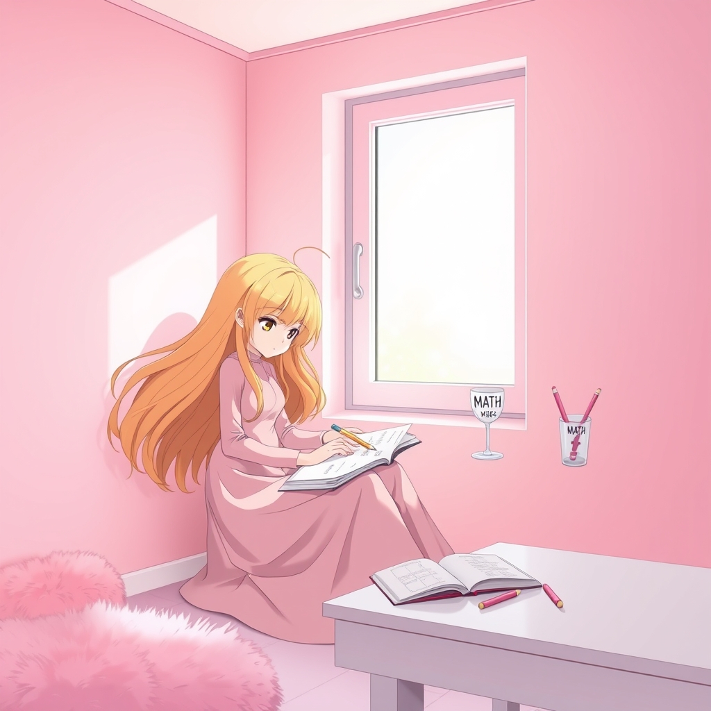 یک دختر با موهای طلایی توی اتاق بز گ لب پنجره نشسته و داره کتاب ریاضی حل میکنه
اتاقش کیوتو و همه ی اتاقش صورتیه و یه میز تو اتاقه شه که روی اون یک لیوان و روش نوشته ریاضی به انگلیسی 23