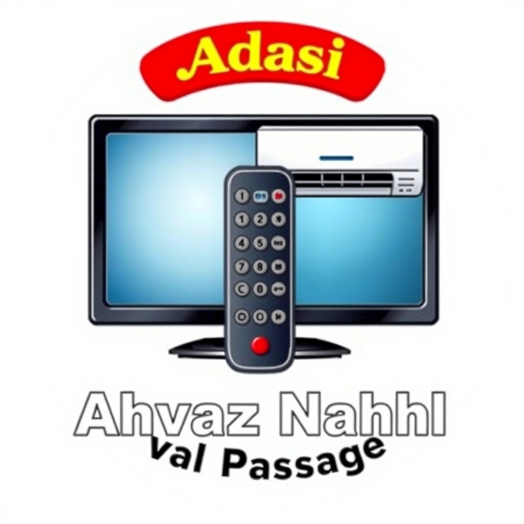 یک لوگو در مورد کنترل تلویزیون و کنترل کولر با صفحه قرمز و زرد بالای صفحه نوشته باشد عدسی و پایین صفحه نوشته باشد اهواز پاساژ نخل 2