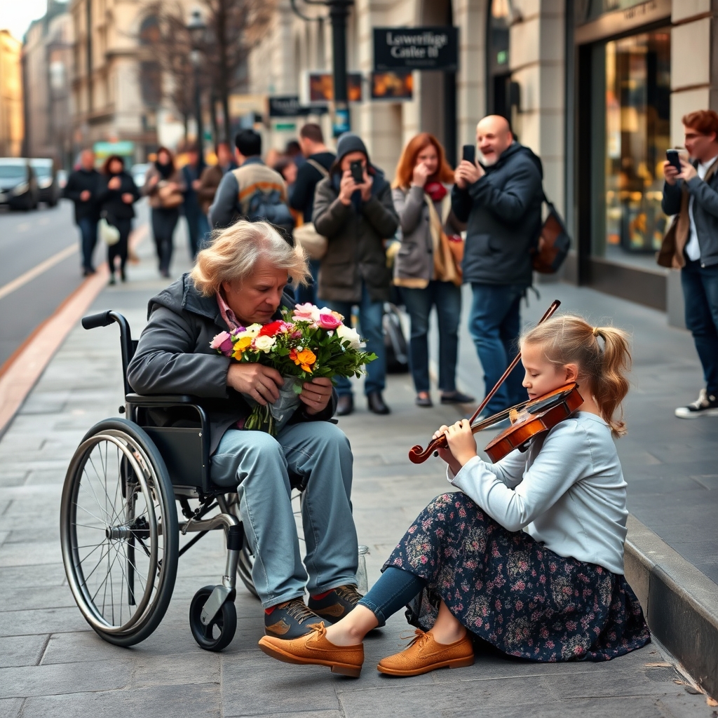 مردی با موهای طلایی که روی ویلچر نشسته توی پیاده رو در شهر  دارد گل میفروشد
و یک دختر بچه هم کنار او روی زمین نشسته داره  ویولون میزنه مردم هم از آنها عکس میگیرند
توی شهر بسیار زیبا18