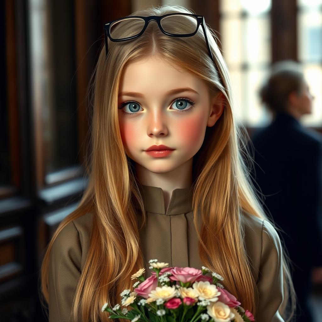 دختر فرانسوی با موهای طلایی تا کمر همراه عینکش که روی سرش است دختر زیبا صورتی سفید لپ های هلویی لباسی مجلسی در دستش یک شاخه گل18