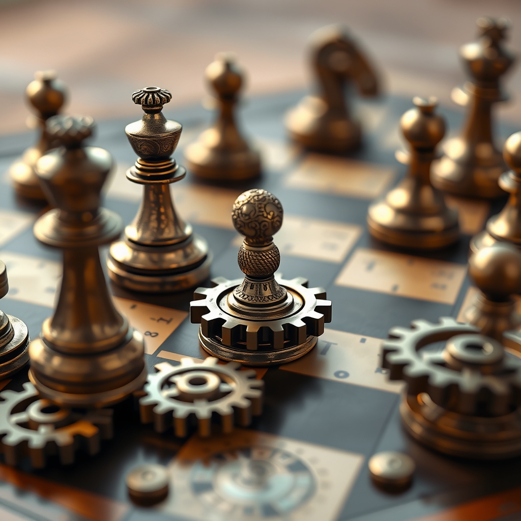 یک صفحه شطرنج به سبک استیمپانک با مهرههایی به شکل چرخدندهها.0