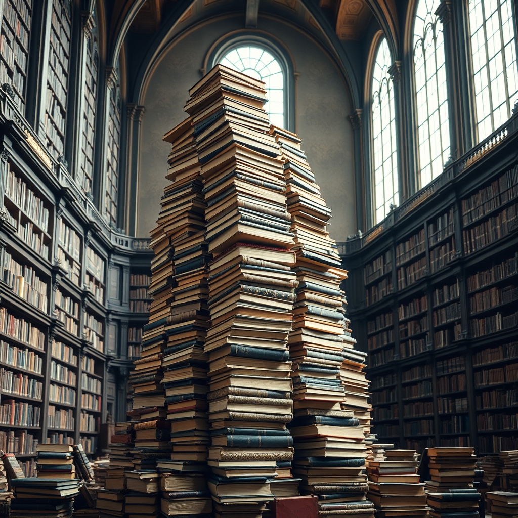 یک عالمه کتاب روی هم در کتابخانه ای بزرگ 3