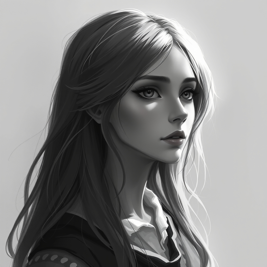 The image is a monochromatic painting of a woman with long hair, depicted in a soft, ethereal style with light and shadow playing across her features.5