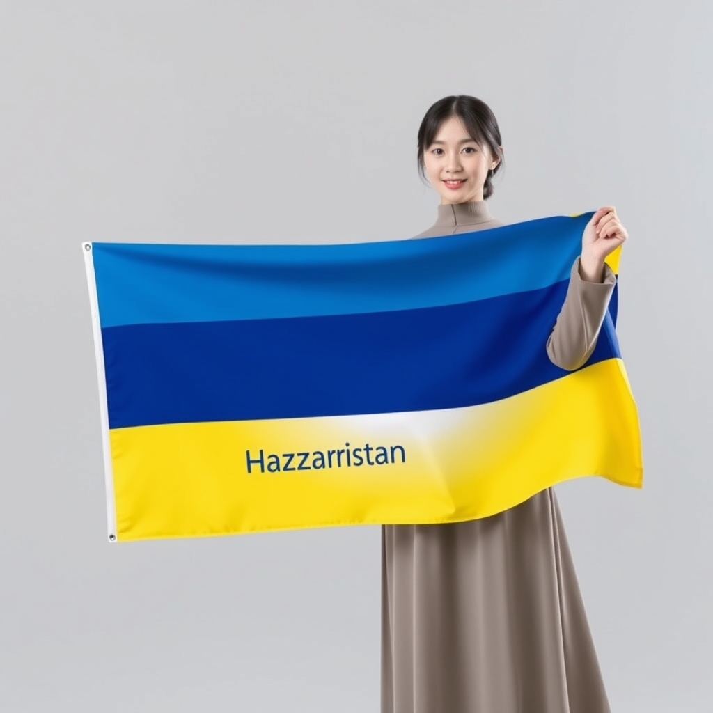 یک پرچم زیبا ایجاد کن که به شکل مستطیل و سه خط نوار افقی است و در نوار بالا آبی و میانی سفید و پایین زرد است و در نوار میانی اسم هزارستان درج شده و پست پرچم لوله ای است که چوب داره و پرچم به دست دختر زیبای کره جنوبی است و پرچم را بالا میبرد حتما رنگ پرچم آبی سفید و زرد باشد و اینکه دختر کره ای زیبا باشه و همه چیز واضح باشه0