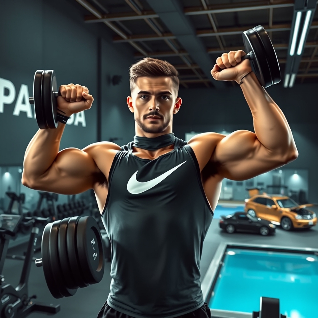 یه عکس می خوام از خودم بسازی. به پسر ۲۵ ساله خوشگل بدنساز. که داخل باشگاه هست و داره وزنه می زنه. بازو ها و دستاش هم بزرگ شده و سینش هم ورزیده هست. تیشرت ورزشی نایک تنشه.
 روی دیوار باشگاه با رنگ طوسی بزرگ نوشته PARSA. باشگاه بزرگ هست و کلی وزنه و دستگاه داخلش هست. ماشینش هم بیرون هست و بنز کروک هست. یه استخر جم و جور هم داخل باشگاه هست. شب هست و لامپ های باشگاه روشنه و فضای خوشگلی هست3