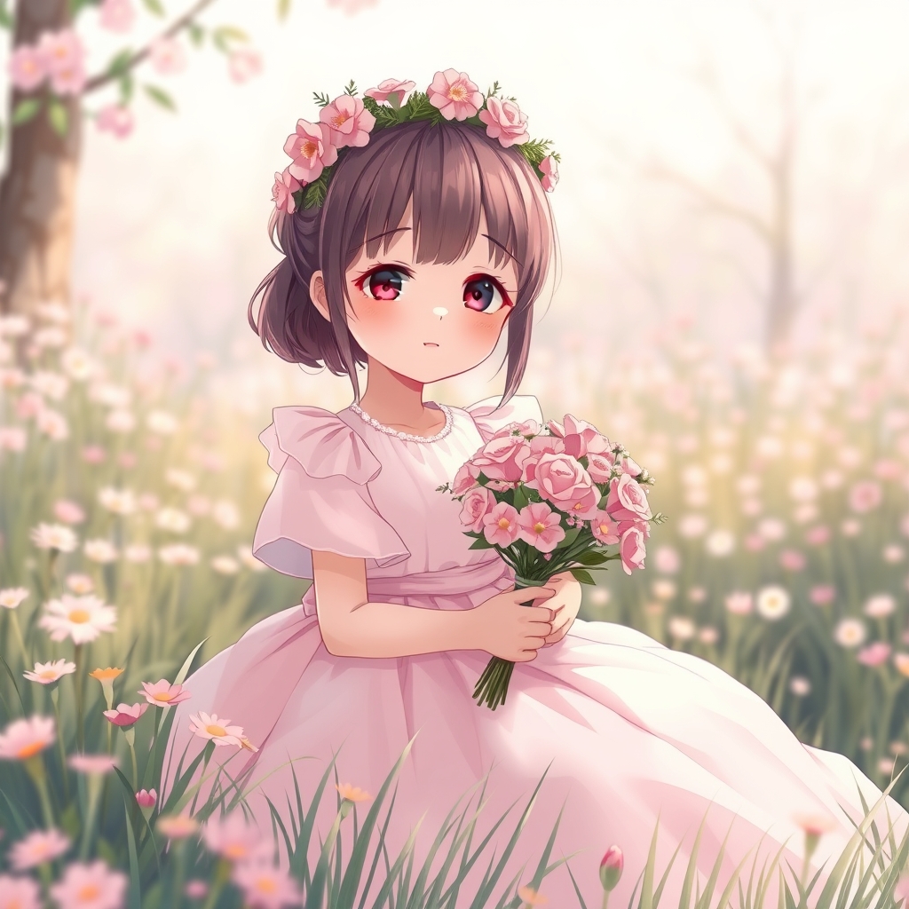 یک دختر 12 ساله با لباس عروس پفپفی صورتی کم رنگ و دستش یک دسته گل صورتی دستشه که روی سرش تاج گل است و وسط دشت گل ها نشسته
از رنگ ملایم استفاده بشه2