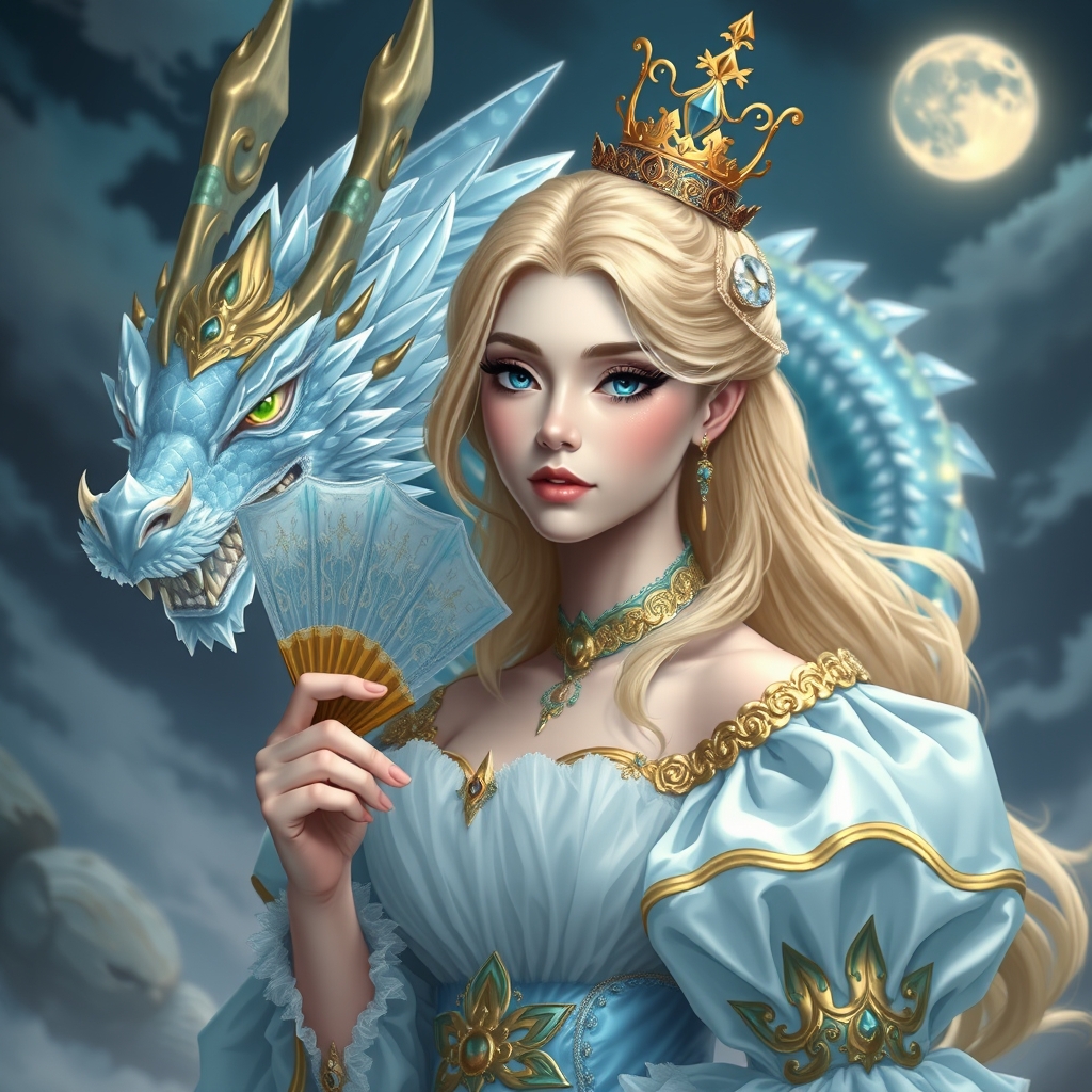 زیباترین زن جوان در جهان حتی در رویایی که شکوه خدا را داشته باشد که نظیر آن در دنیا نباشد که از شدت زیبایی همه بهش سجده کنند که با چشمانی آبی رنگ که در مردمکش دریا باشد و با پوستی سفید همانند ماه باشد که با موهای طلایی رنگ باشد که زیبا ترین لباس سلطنتی پفی آستین پفی آبی کمرنگ با طلایی اکلیری رویایی برتن داشته باشد
و تاجی از طلا بر سر داشته باشد 
و باد بزن زیبایی در دستانش باشد
 که پشت سرش اژدهای کریستالی بزرگ باشد ببینم رویایی چیکار می‌کنه تاکید کردم نظیر آن در دنیا نباشد18