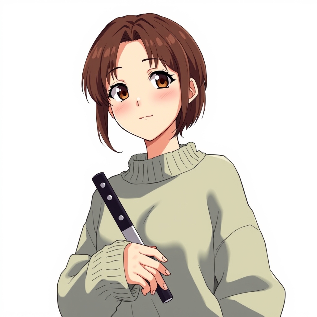 عکس دختر مو کوتاه تا گردن و چشم و موهای قهوه ای و لباس کاموا ی آستین بلند و یک چاقو بزرگ در دست و قیافه زنانه و خنده ی کوچکی بر لب دارد11