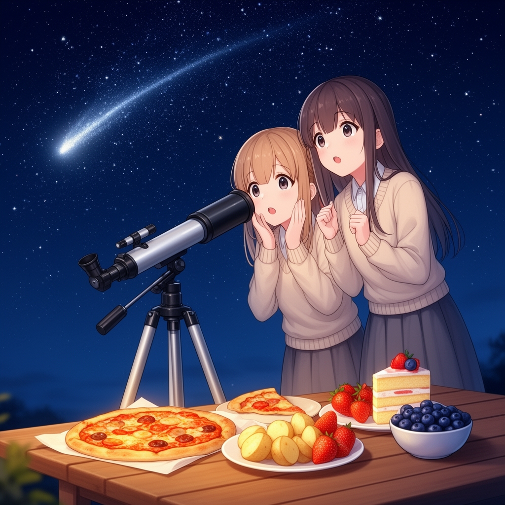 دوتا دختری که در تلسکوپ نگاه می‌کنند و ستاره‌ها هم در آسمان باشند و شب باشد و روی روی میزها پیتزا سیب زمینی توت فرنگی کیک و بلوبری باشد ک ستاره دنباله‌دار هم در آسمان باشد5