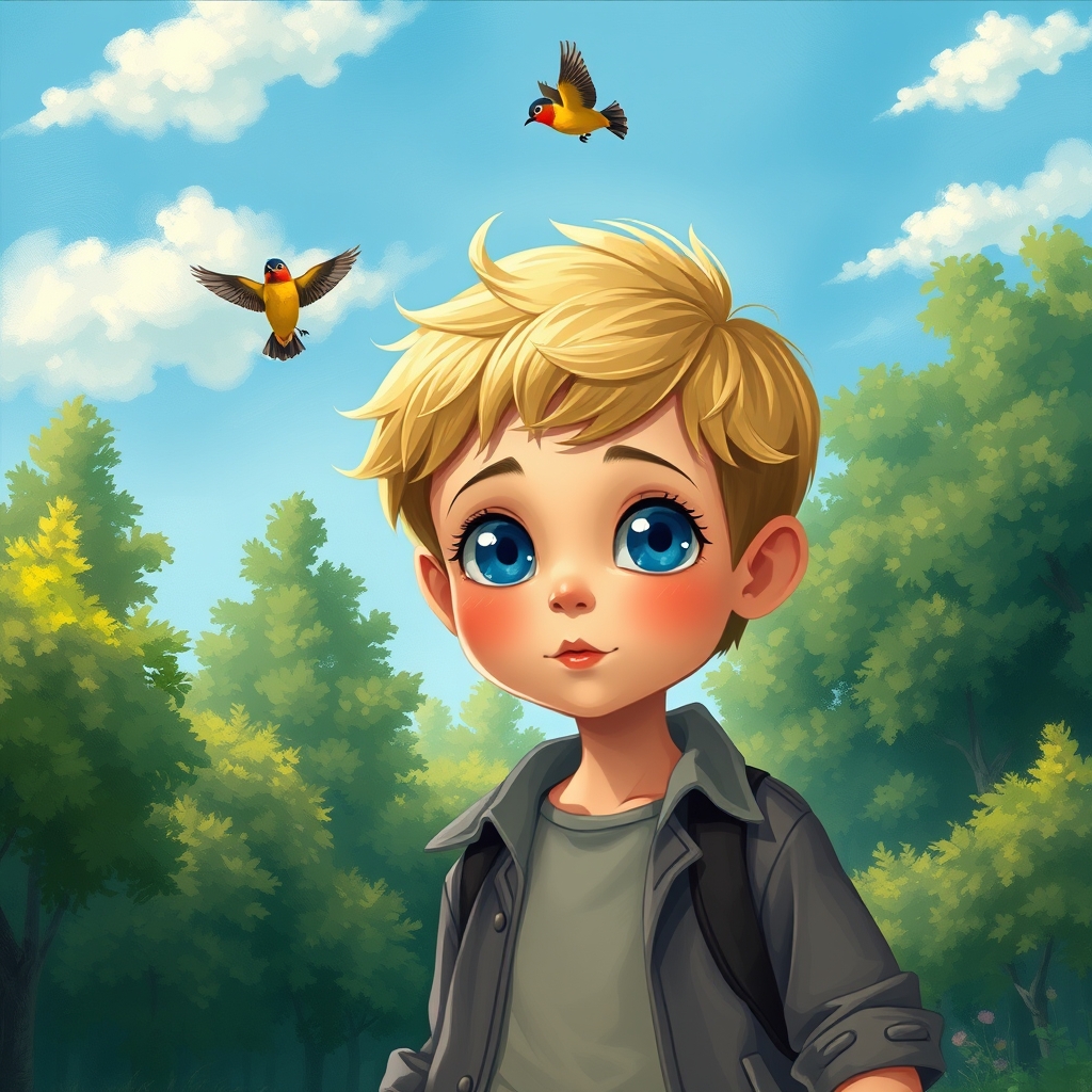 پسری زیبا با چشمانی درشت یه رنگ ابی و موهای طلایی و لبی همچون گل قرمز و بینی عروسکی که لباس استایل روزانه بر تن دارد که در جنگل سرسبز قدم میزند و آسمان ابی و چند ابر کوچک هم در اسمان وجود دارد و دو پرنده ی رنگارنگ در اسمان پرواز میکند به سبک پست امپرسیونیسم 15