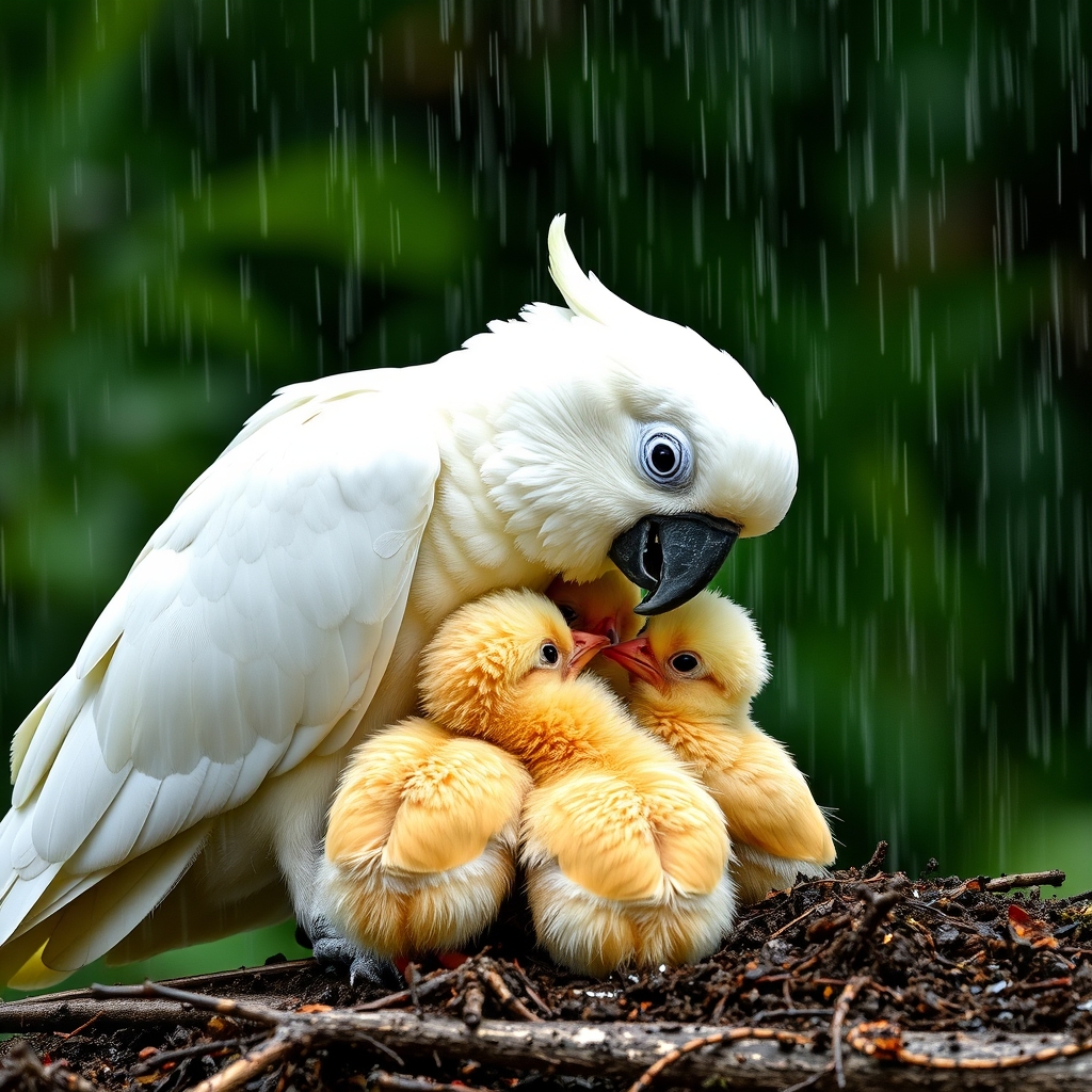 طوطی سفید درحال گرم کردن و محافظت از جوجه هایش در باران20