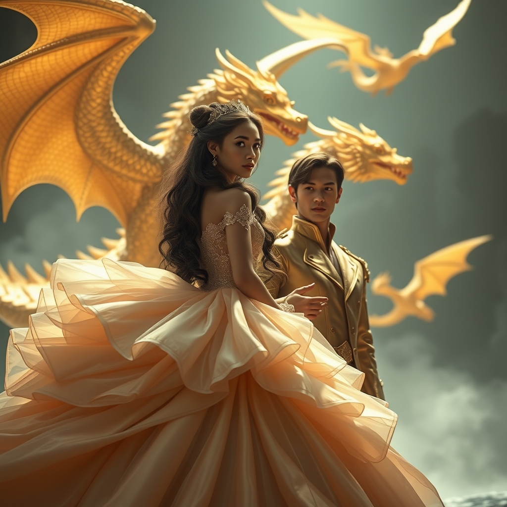 عکس شاهدخت شاهزاده پسر شاهدخت با لباس پف پفی با رنگ موکا و مو های خیلی خیلی بلند با رنگ موکت و شاهزاده پسر که کت و شلوار طلای و در کنار آنها دو اژدها در حال پرواز و رنگ آنها طلایی است 6