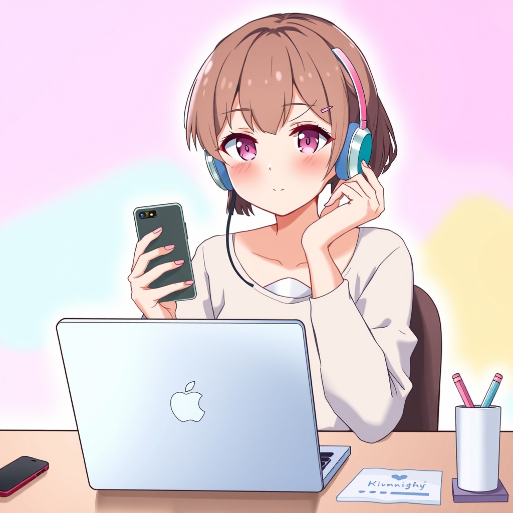 یک دختر که روی میز نشسته است روبروی آن لپتاپ دستش گوشی روی گو شش هدفون است و چشمان صورتی. با پشت زمینه رنگارنگ 2