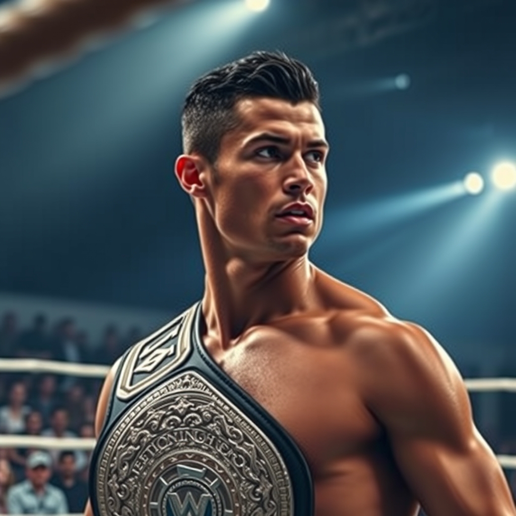 عکس رونالدو در رینگ کشتی و کمربند تلاش کشتی3