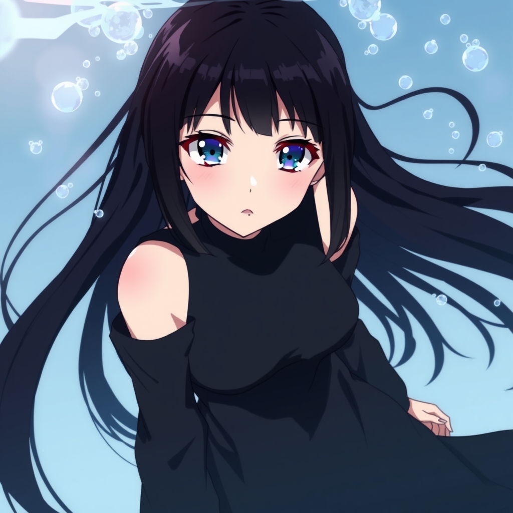 یک دختر زیبا با مو های سیاه پر کلاغی با لباس بلد سیاه و چشم های آبی آسمانی با لب های سرخ که در حال غرق شدن 11