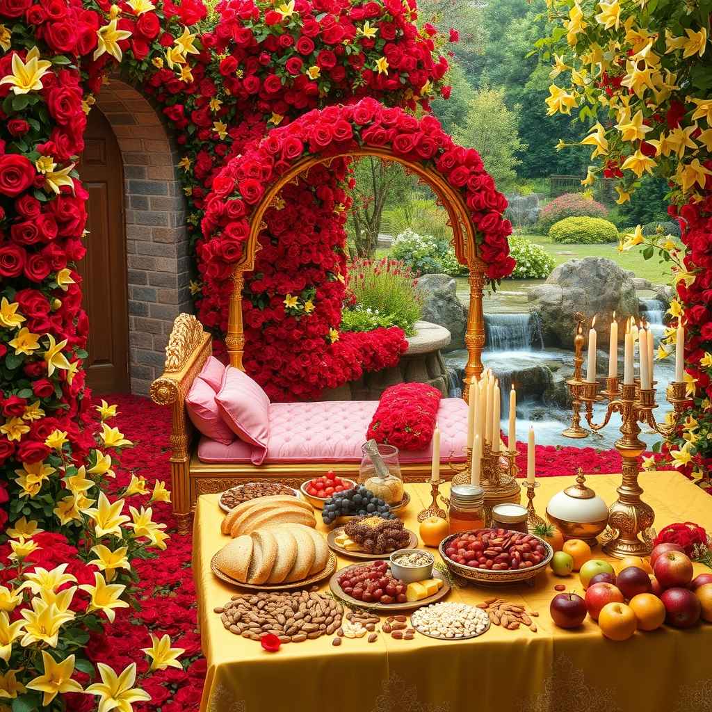 در باغی پر گل سرخ و لی لی یم زرد و سفید اطلسی شب بو
در و دیوار بلند آن پوشیده از گل سرخ لی لی یم زرد و سفید اطلسی و شب بو
زمین پر گل سرخ لی لی یم زرد و سفید اطلسی شب بو 
وسط باغ 
تونل مسقف از گل سرخ و لی لی یم
گوشه کنار رود آبشار جاری ست 
یک تخت خواب قرون وسطایی طلایی با کوسن صورتی تزیین شده با گل سرخ و لی لی یم
شمعدان های پر شمع گوشه کنار دیده می شود 
و میز مجلل طلا 
پر نان کره خامه عسل مربا باقلوا شیر گردو پسته آجیل 
و میوه مثل انگور انار سیب11