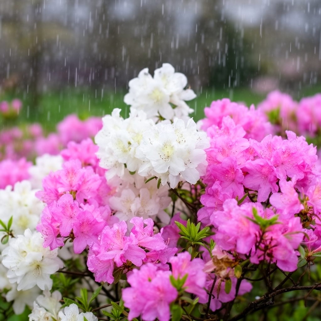 عکس گل های بهاری به رنگ های صورتی وسفید که باران بهاری هم درحال بارش است و بسیار زیبا
1