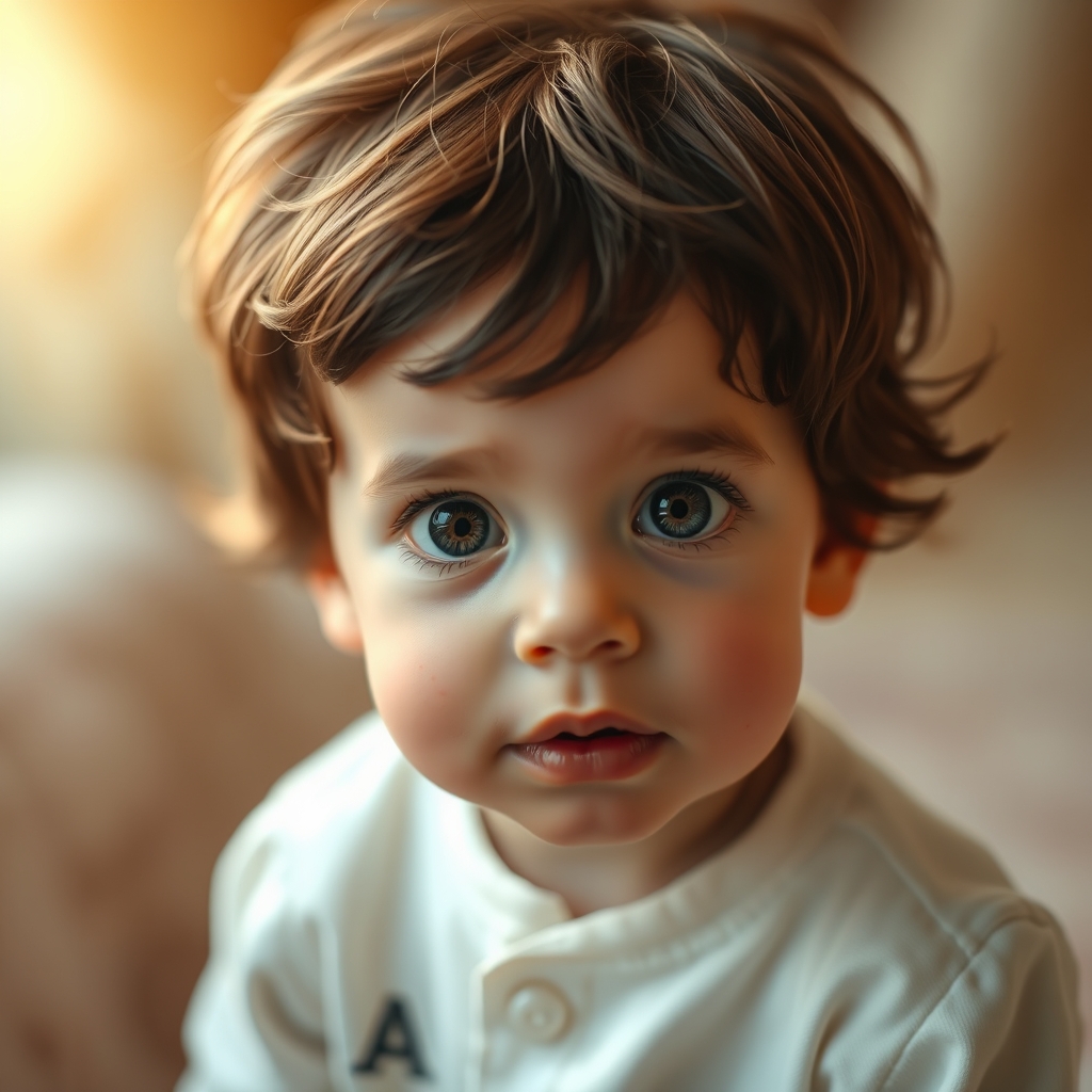 یک پسر کوچک با موهای قهوه‌ای و چشمانی درشت و بینی کوچک و و لبی همچون گل قرمز و زیبا و با گونه های پر از کک و مک و لباسی سفید و به صورت رمانتیک 17