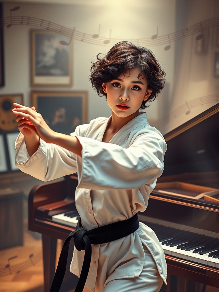 یه عکس ترکیب تکواندو + پیانو +یه دختر با موهای کوتاه فرفری قهوه‌ای تیره + چشم‌های قهوه‌ای تیره + کمربند مشکی 10