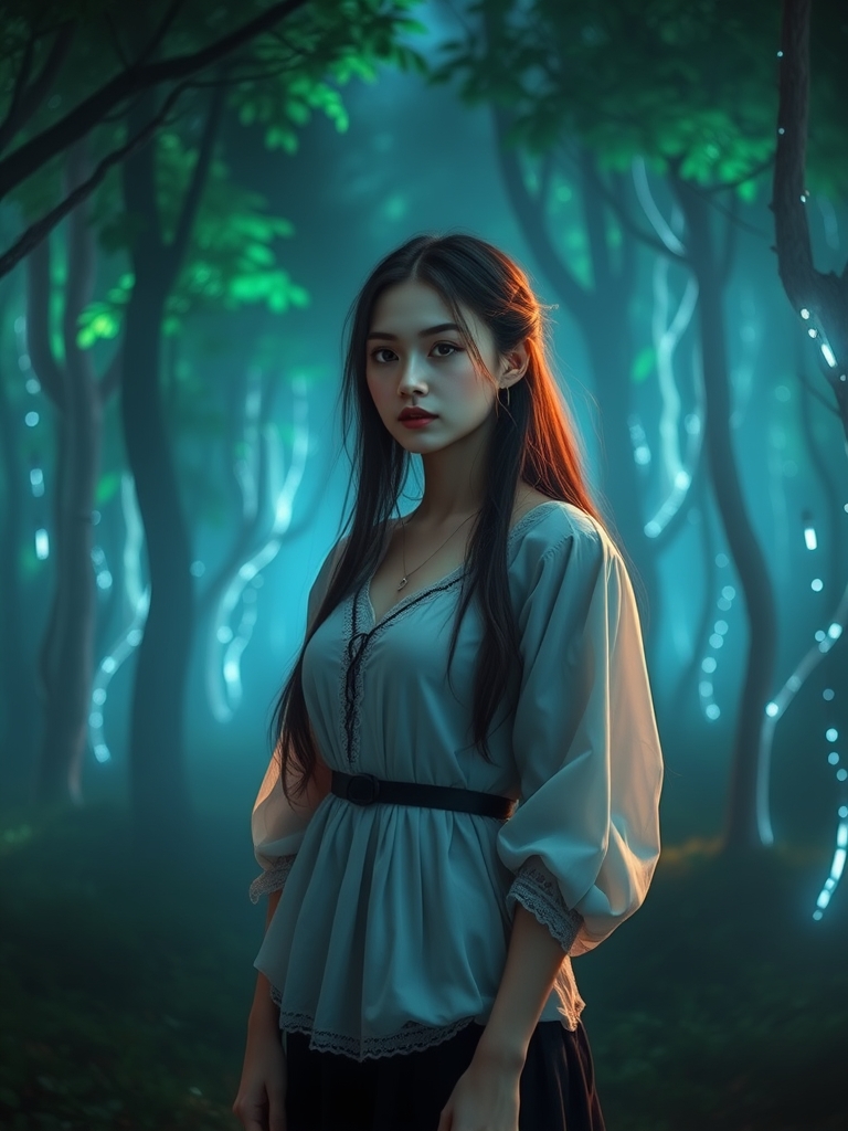 یک جنگل اسرارآمیز با درختانی از جنس نور، که با سایه‌های سبز و آبی به نرمی می‌درخشند که یک دختر زیبا با نور های کم نئون آنجا ایستاده
9