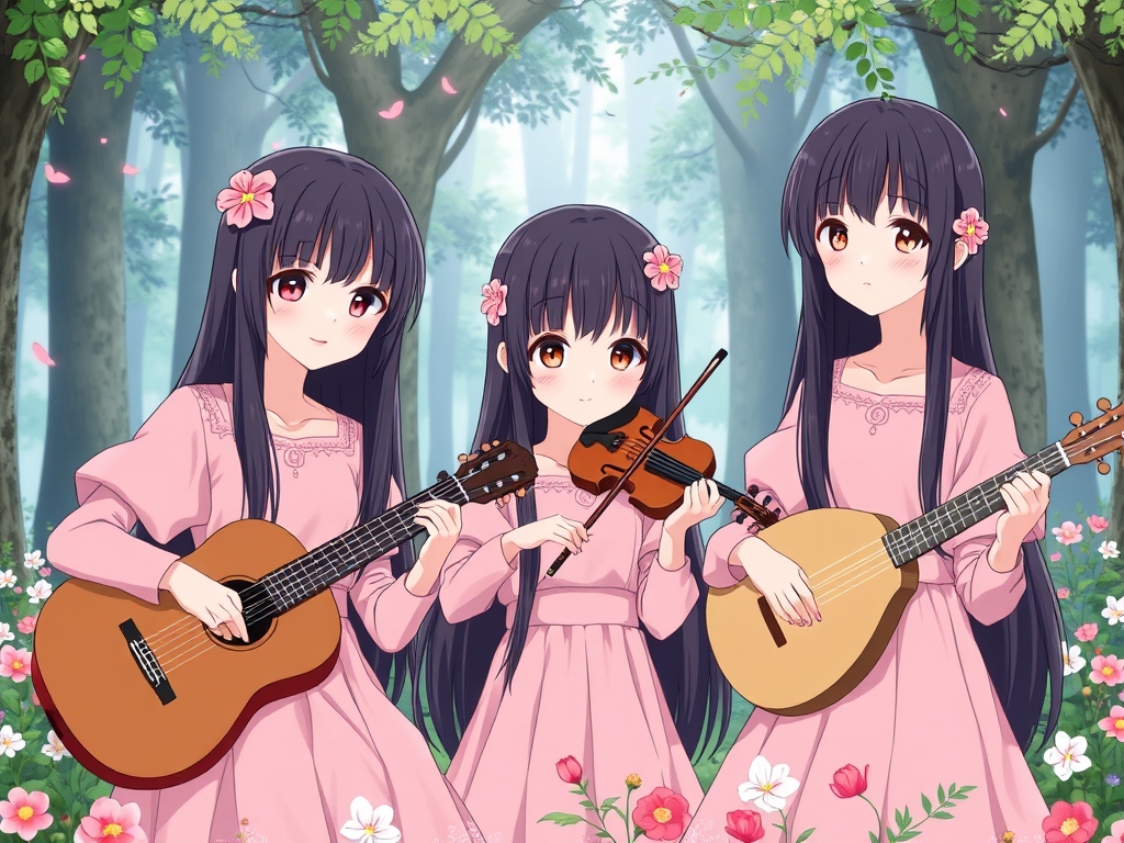 عکس سه تا دختر شبیه به هم با مو های خیلی بلند و سیاه دارند و هر سه تاشون روی مو هایشان گلسر های صورتی به شکل گل دارند  و چشم های صورتی  و لب های سرخ و لبخندی ملایم و لباس های هر سه تاشون صورتی است که یکی گیتار می نوازد و یکی ویولن می نوازد و یکی سنتور می نوازد و در حال نواختن ساز هایشان هستند و پشت آنها جنگل پر از گل است20