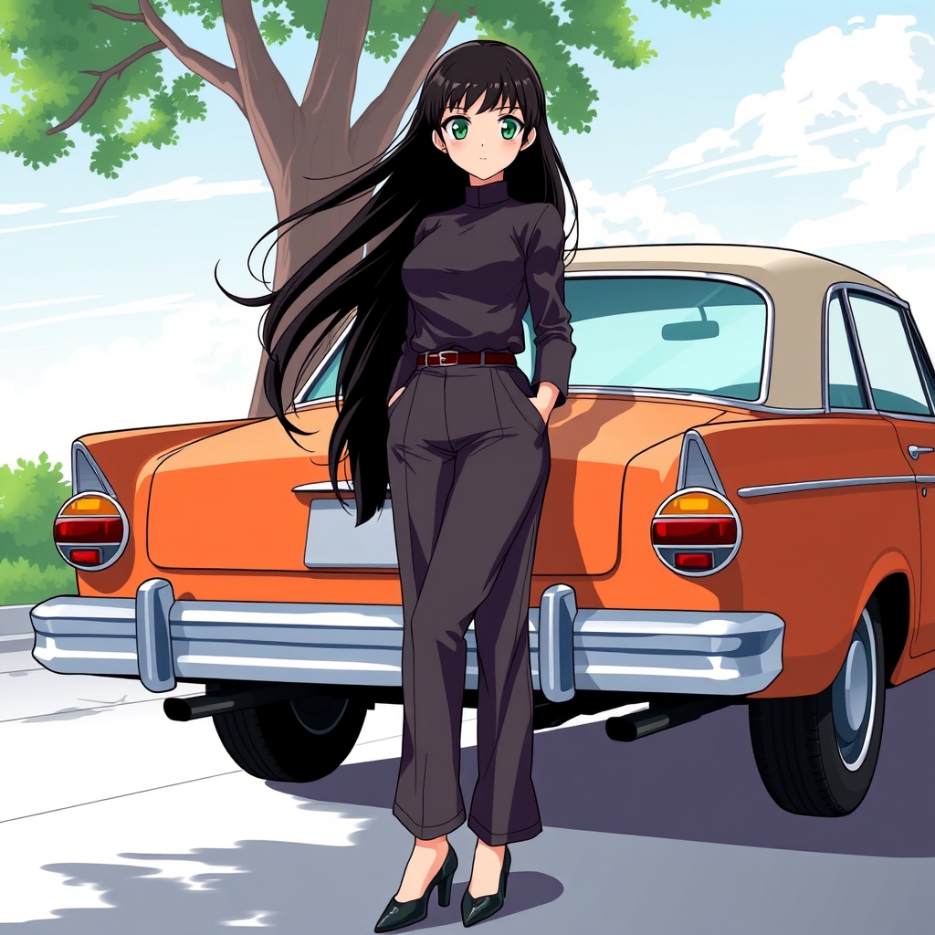 یک دختر که ماشین بز پشت ان است و با کت وشلوار و موهای بلند سیاه و چشم های سبز است و یک کفش پاشنه بلند پوشیده است 4