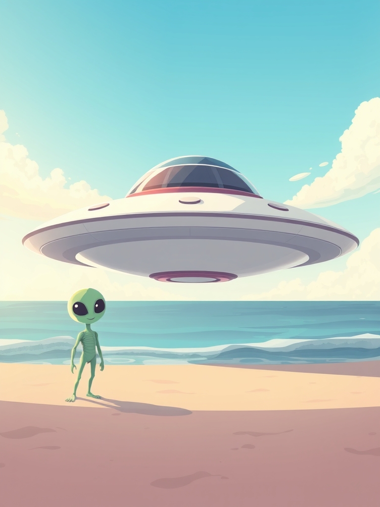 یک بشقاب پرنده در کنار دریا که یک موجود فضایی کنار آن ایستاده است1