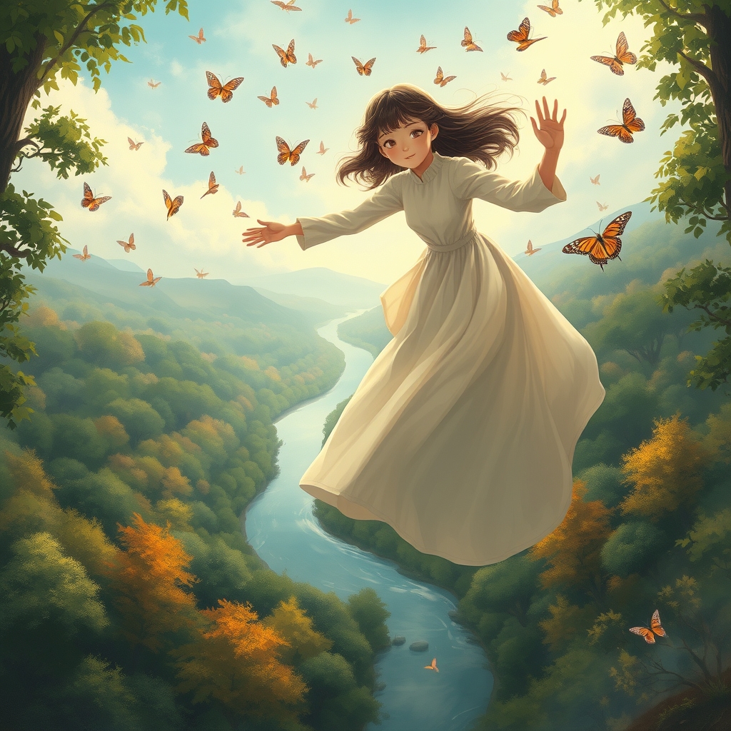 دختر ۱۵ ساله در حال پرواز کنار پروانه ها در بالای یک رودخانه میان جنگل
15