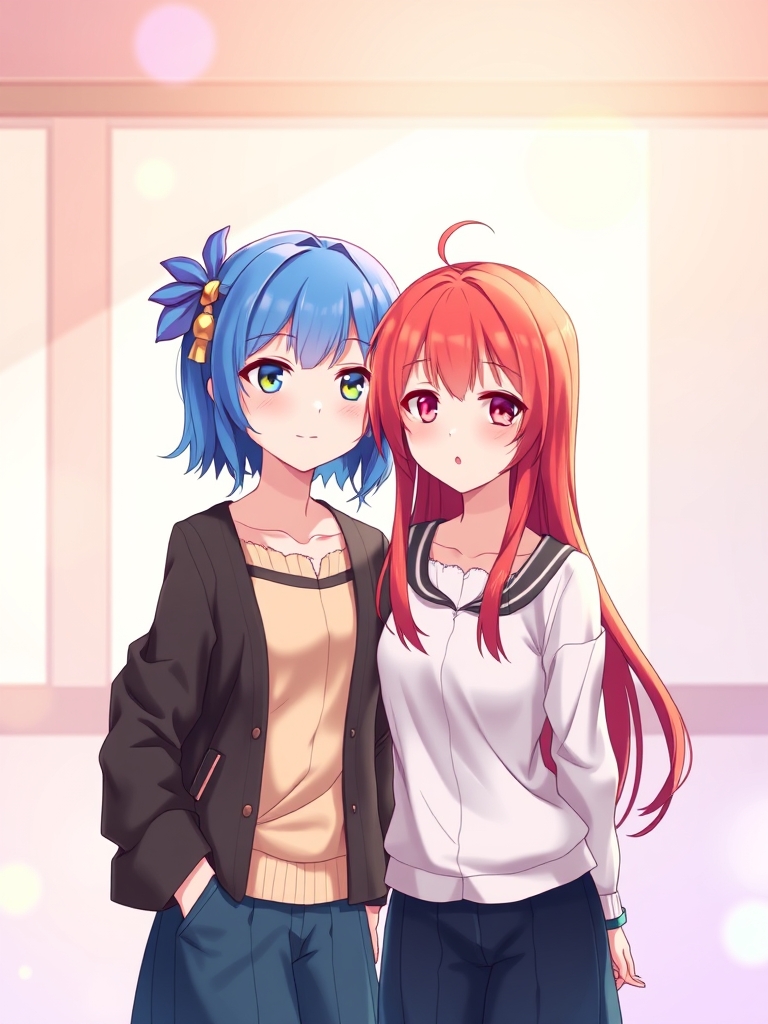 بک دختر زیبا با موهای آبی رنگ با خواهرش که موهای قرمز دارد
22