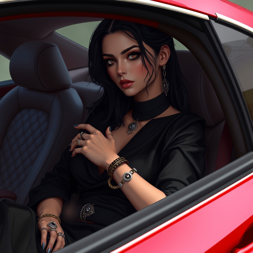 A woman with dark hair is sitting in a red car, wearing a black outfit and adorned with multiple rings and bracelets. The interior of the car is also visible, featuring stitching details on the door.8