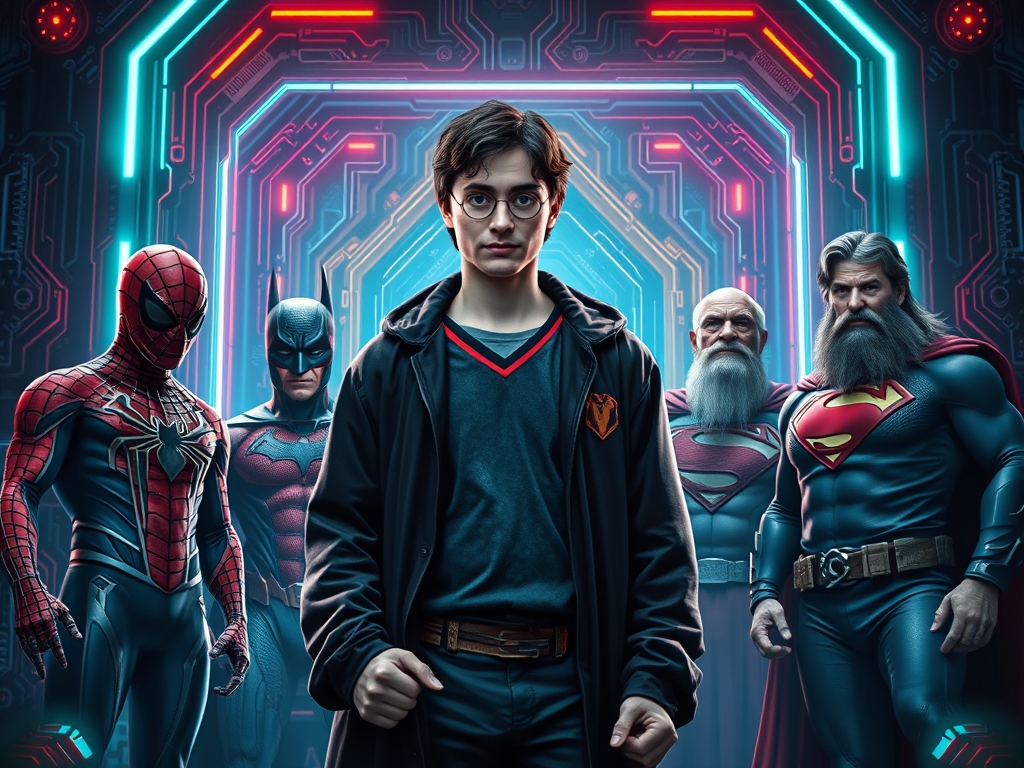 هری پاتر و مرد عنکبوتی و بتمن و سوپر من و یک پیر مرد با ریش بلند و شخصیت های معروف در کنار هم که هری پاتر از همه جلوتر است و در یک قاب دیجیتالی و سایبرپانک.8