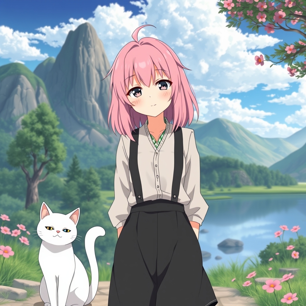 دختری که موهاش صورتی است و با گربه ای ناز روبرو منظره زیبا ایستاده است
9