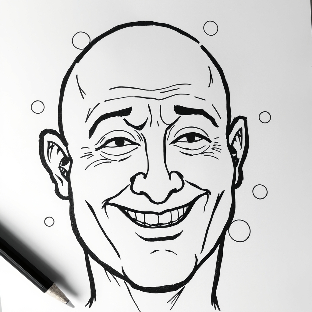 عکس سیاه سفید یک آدم که روی کاغذ با خط و دایره کشیده شده و آن آدم مو ندارد و لبخند میزند18