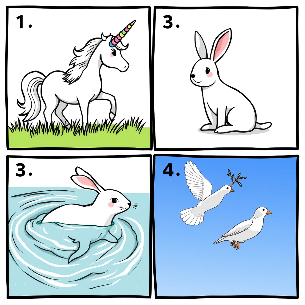 به چهار مربع تقسیمش کن
مربع اول تک شاخی باشه و ترکیب سفید با رنگارنگ باشه و بیشترش سفید باشه 🦄🌈
مربع دوم از یه خرگوش سفید که توی برفه
مربع سوم از یه فوک کوچولو و سفید که داره توی دریا شنا میکنه🌊🦭
مربع آخرم از یک کبوتر سفید که یه شاخه توی نوکش داره و در حال پرواز کردن توی یه آسمون صاف و آبیه🕊
و هر کدوم توی مربع خودشونن و هیچ حیوون اضافهای اونجا نیست5