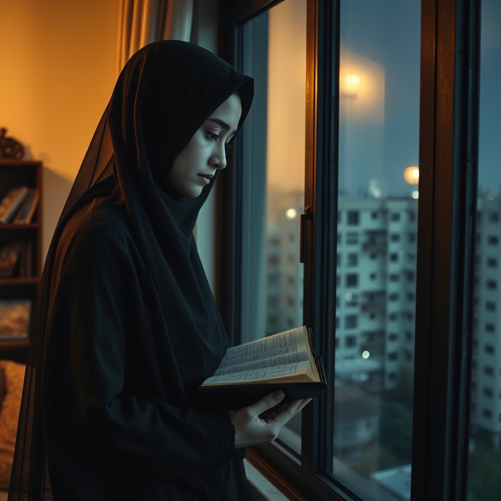 دختری 17ساله مسلمان محجبه با چادری سیاه و توری پیچیده به بدنش به پنجره خانه اش تکیه داده و قرآن می خواند و گریه می کند پنجره خانه از سقف تا زمین است و از پنجره آپارتمان های بزرگ گرفته است و شب است21