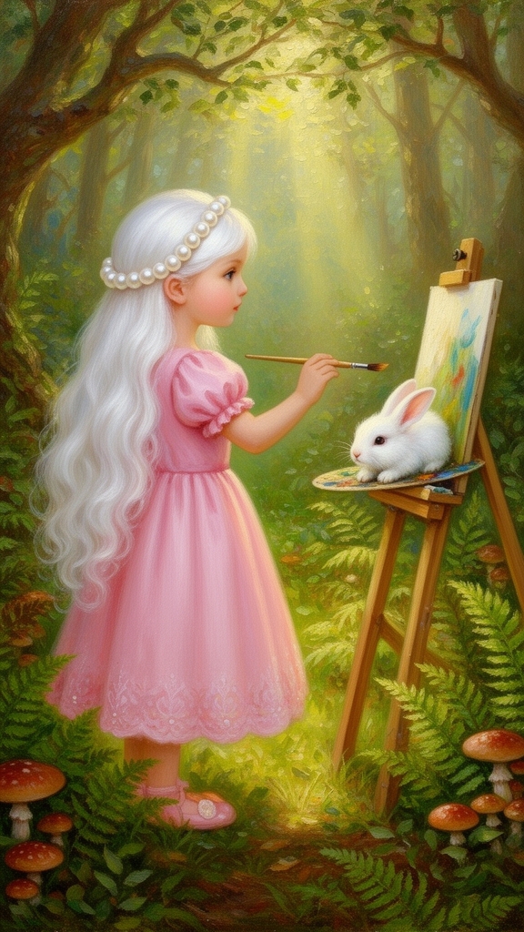 یک دختر با لباسی عروسکی صورتی یه پست آن بند می خورد در حال نقاشی یک خرگوش در جنگل دختره موهای بلند که تل سفید مرواریدی روی ا است درجنگل 4