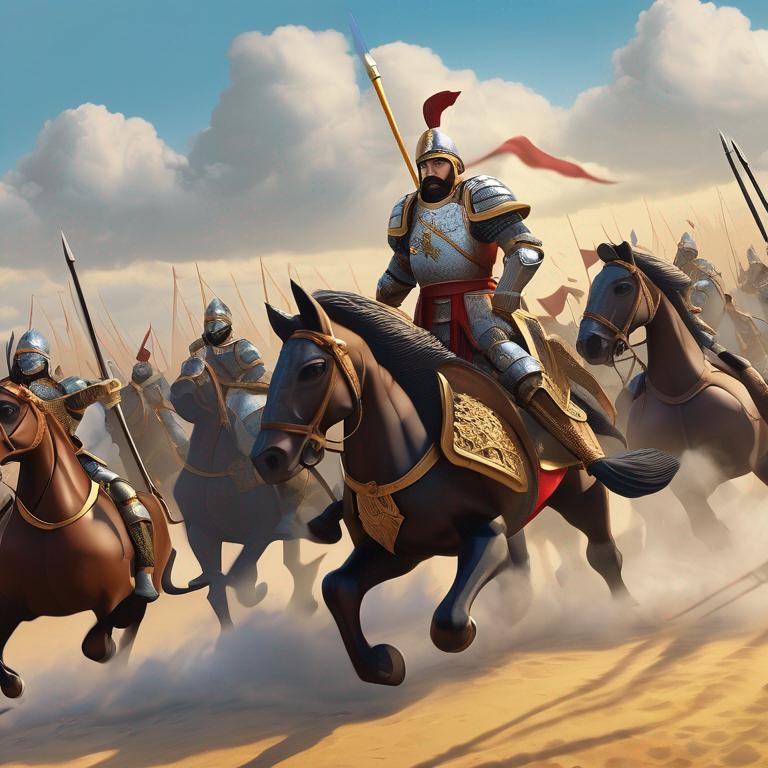 سواره نظام سنگین در حال کشتن دشمنان هستند و به سرعت درحال حرکتند. به.پادشاه توسط سواره نظام محاصره شده.هوا نیمه ابری است.عکس بدون حاشیه درست شود.8