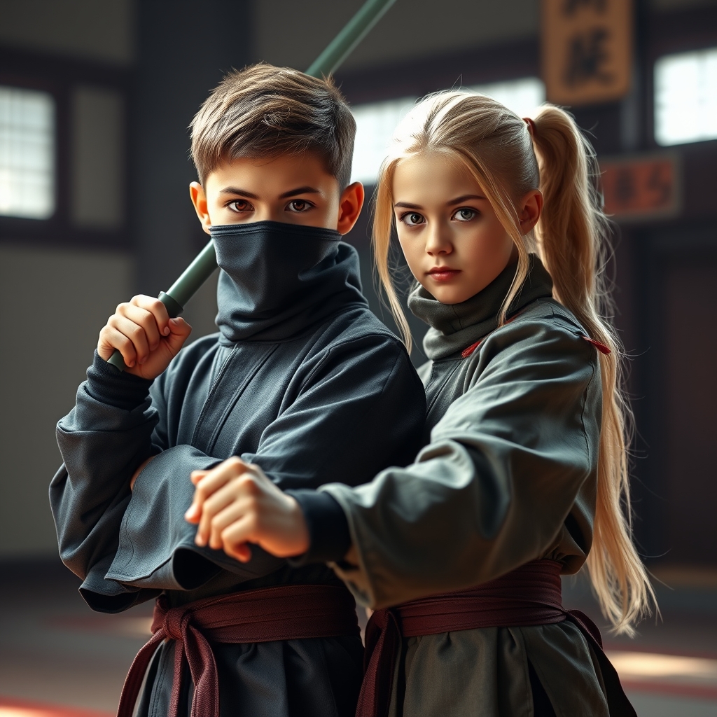 یک پسر خوشتیپ با چشم های قرمز در کنار دختری با موی زرد بلوند قشنگ در حال تمرینات نینجا21