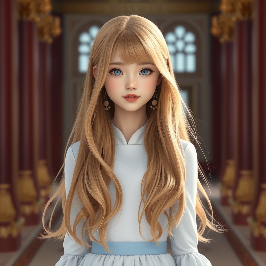 دختری با موهای بلند طلایی و چتری های کره ای صورتی صاف و گرد و همچنین سفیدپوست لب های صورتی کمرنگ چشمانی آبی با مژه های بلند لباس مجلسی زیبا به رنگ سفید و آبی آسمانی که در هر یک کاخ راه می رود و به سمت ما می آید11