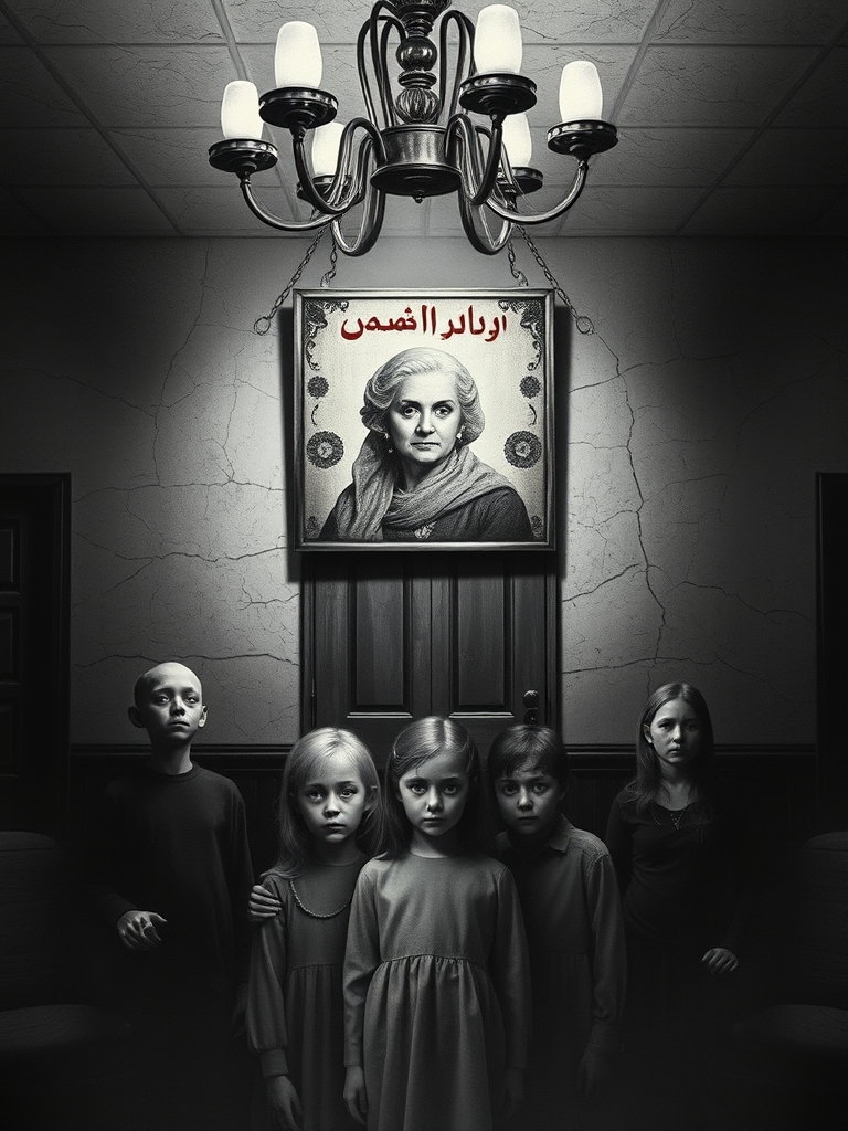 یک پوستر برای فیلم  خیلی قدیمی سیاه و سفید  مرموز و ترسناک از یک خانوهده ۶ نفره که دختر کوچولو چشماش دکمه ای هست  و فضا ترسناک باشه و روی دیوار یک تابلو که عکس مادر بزرگ هست که چشماش دکمه ای هست و با فونت فارسی نوشته شده باشه مرگ سیاه البته رنگ فونت طیفه سیاه و قرمز باشه0